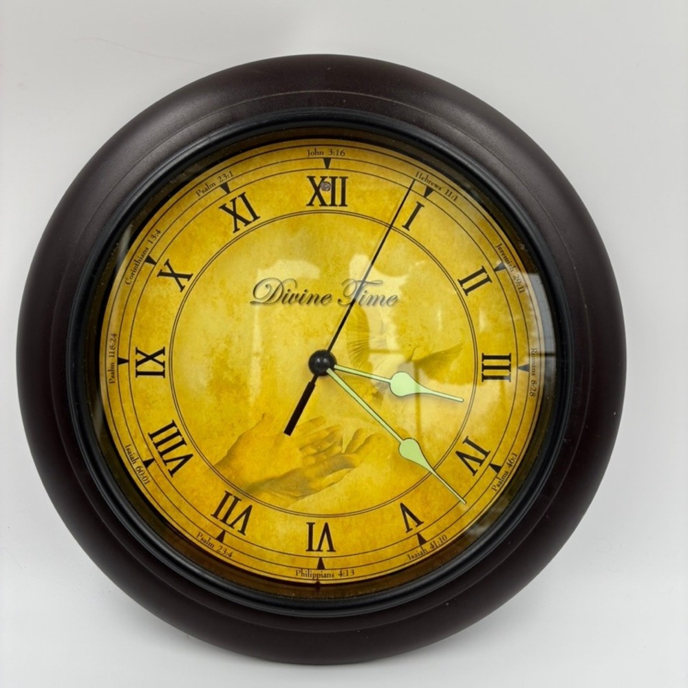 Divine Time Religious Wall Clock‎ Bible Verses Roman Numerals Dark Brown Frame